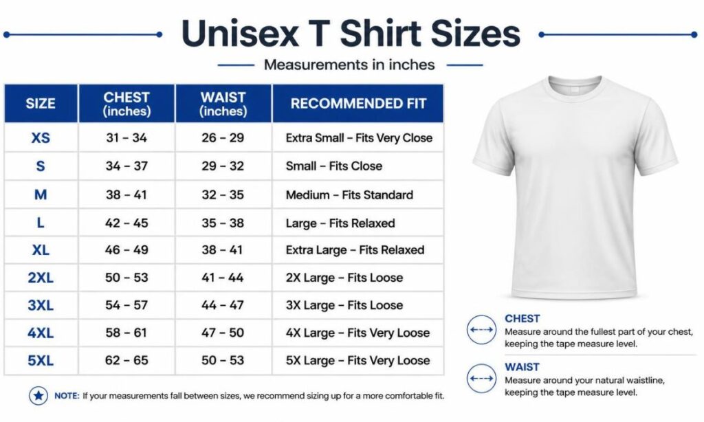 Unisex T Shirt Sizes